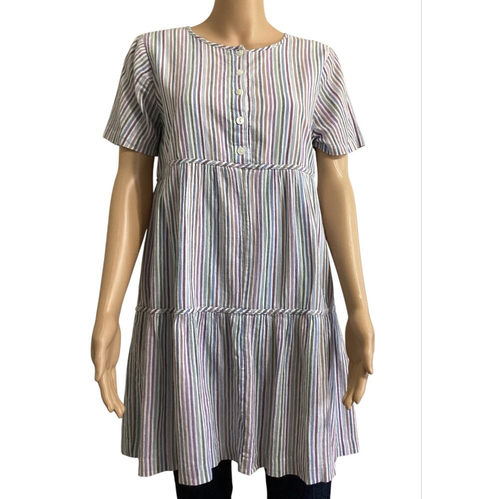 Madewell Striped Button-Front Tiered Mini Dress Short Sleeve Boho size M